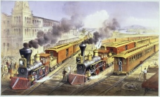 American Railroad Scene-Lightning Express Trains Leaving the Junction  1874  Currier & Ives (Active 1857-1907 American) Color Lithograph  Library of Congress Washington DC Canvas Art - Currier & Ives