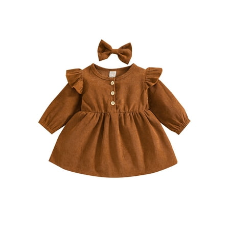 

Domingbub Toddler Baby Girls Ruffle Dress Clothes Long Sleeve Corduroy Dresses with Hairpin 2Pcs Outfits Brown 18-24 Months