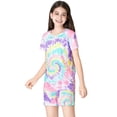 thumbnail image 3 of Beezizac Trendy Tie Dye Spiral Pajamas for Girls 2-Piece Soft Short Sleeve & Pants PJ Set Jammies Size 10, 3 of 8