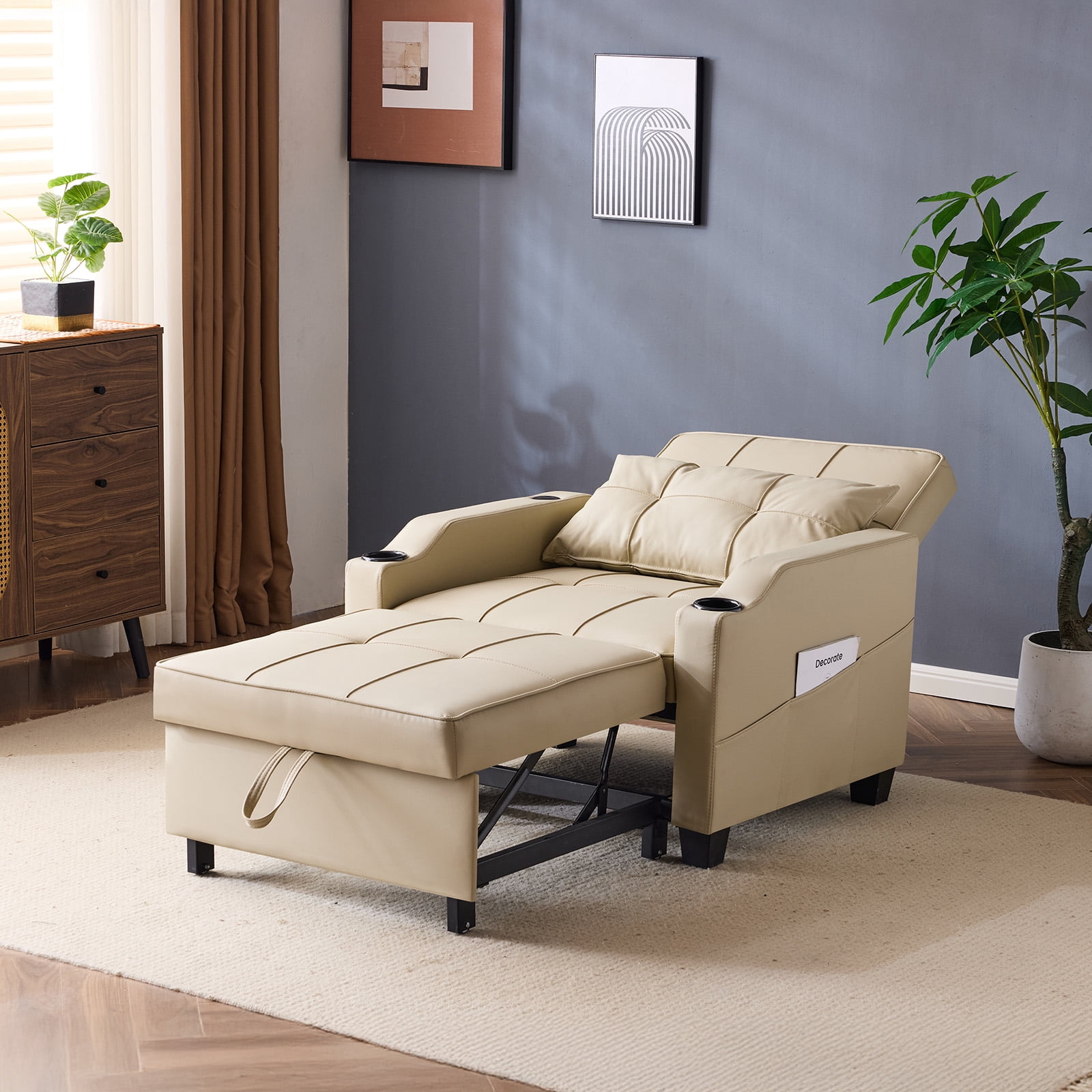 Ktaxon Sleeper Sofa Bed Convertible Chair Faux Leather 3-in-1 Futon Sofa with Lumbar Pillow for Living Room Bedroom Office Apartment Furniture Beige
