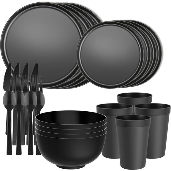 20 count RV & Camping Dinnerware Set, Elegant Ceramic-Look Large Bowls & Plates, Unbreakable &  Microwave Safe, Melamine Alternative Service for 4, Black