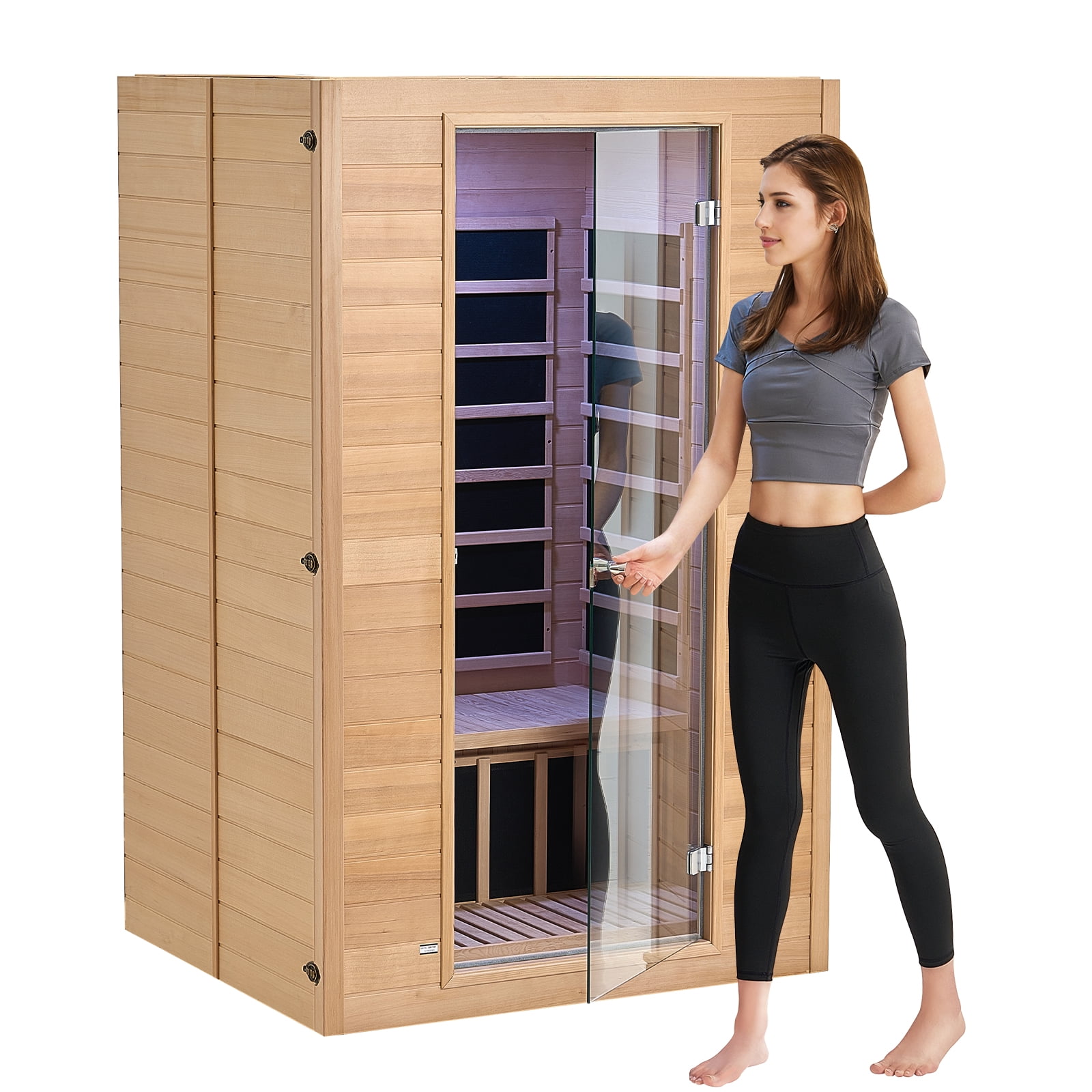 KFFKFF Infrared Sauna for Two, Home Spa Experience with Hemlock Construction, Features Low EMF, Clear Glass Door & Dual Bluetooth Speakers, 1800W for Indoor Relaxation