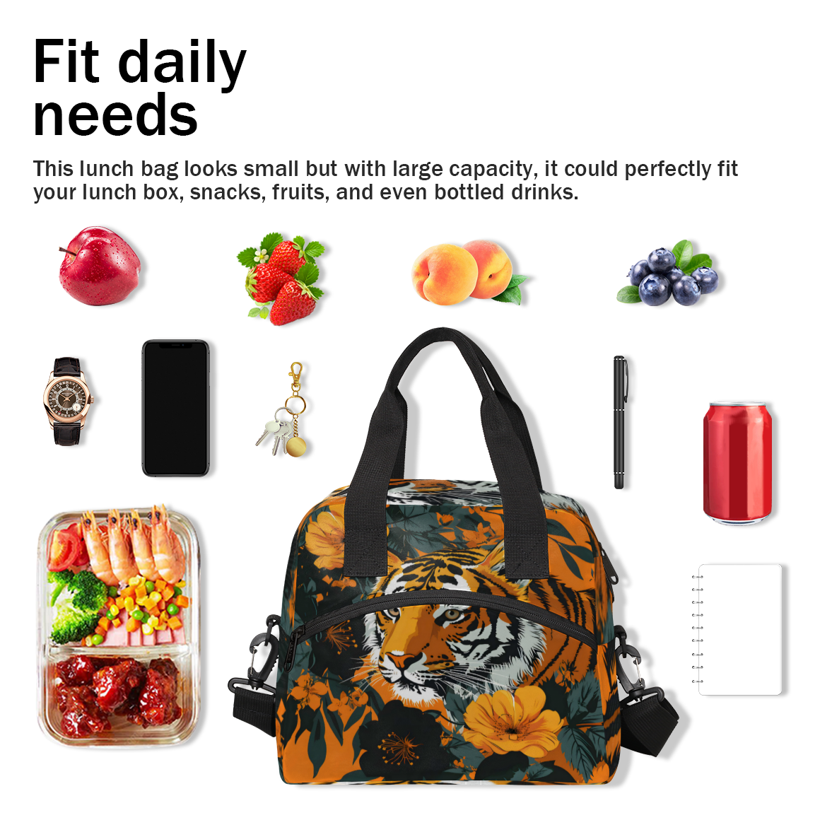 Herdesigns Tiger Insulated Lunch Bag for Women Men Adults Large Reusable Lunch Box Animal Leakproof Cooler Tote Bags with Adjustable Shoulder Strap