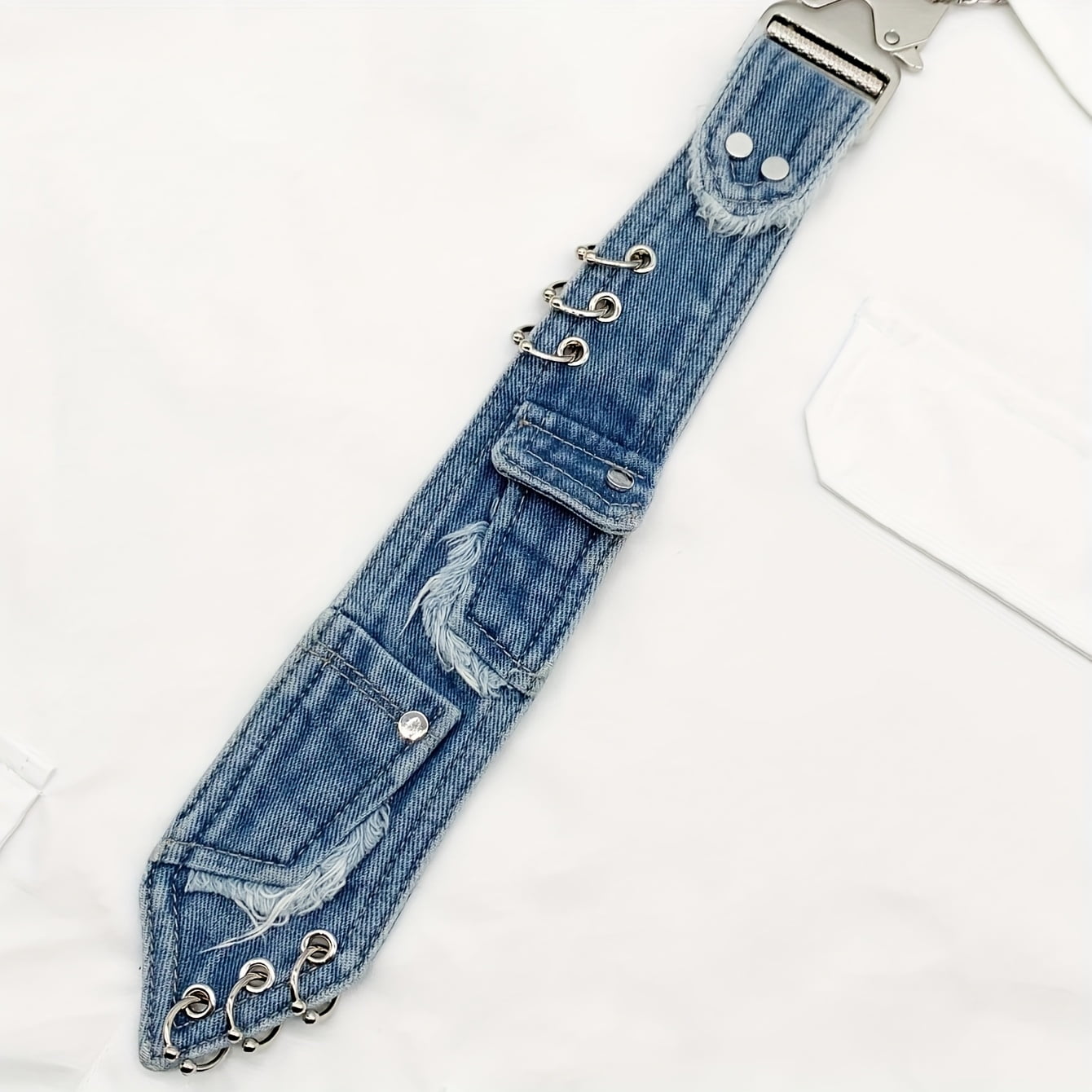 Y2K Women's Denim Tie, Snap Button Chain Vintage Distressed Edge Bow Tie, Niche Cool Unique Accessory