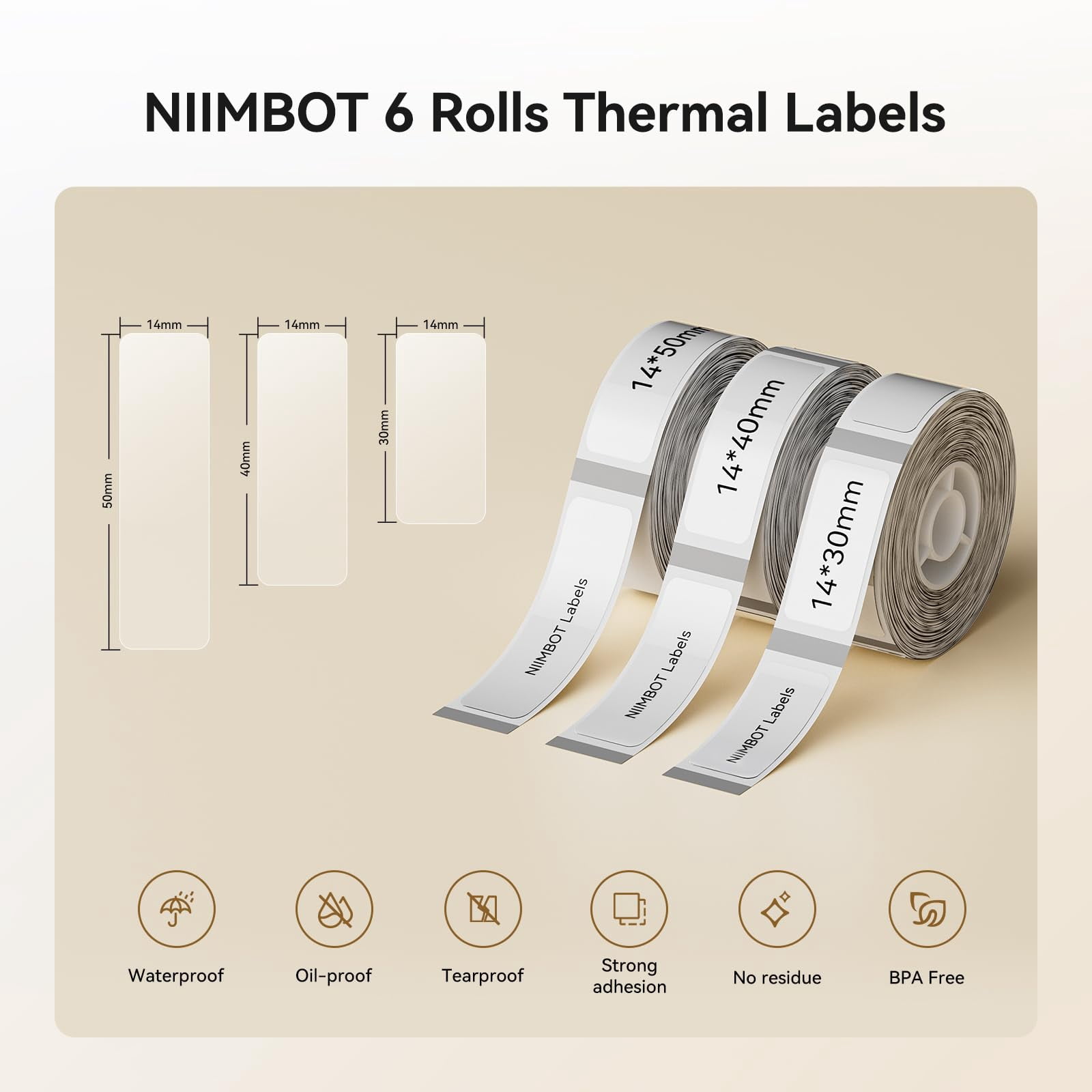 NIIMBOT 6 Rolls Labels for D11/D110/D101 Label Printer, Thermal Labels 14x30mm/2 Rolls, 14x 40mm/2 Rolls, 14 x 50mm/2 Rolls, for Home Office School(Clear)