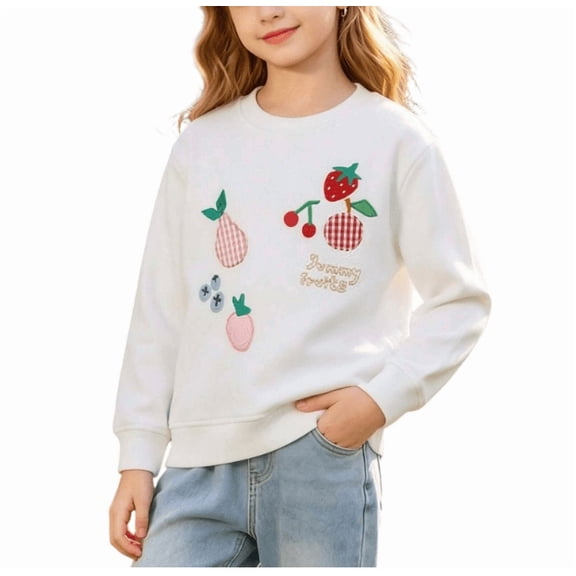Gaxelrn Toddler Girls Cotton Crewneck Sweatshirt with Embroidered Fruit Applique,Long Sleeve,White,Size 1-2 T