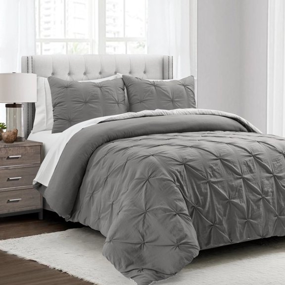 Lush Decor Ravello Pintuck BIAB Soft Reversible Printed Comforter With Sheet Set Gray 7Pc Set King