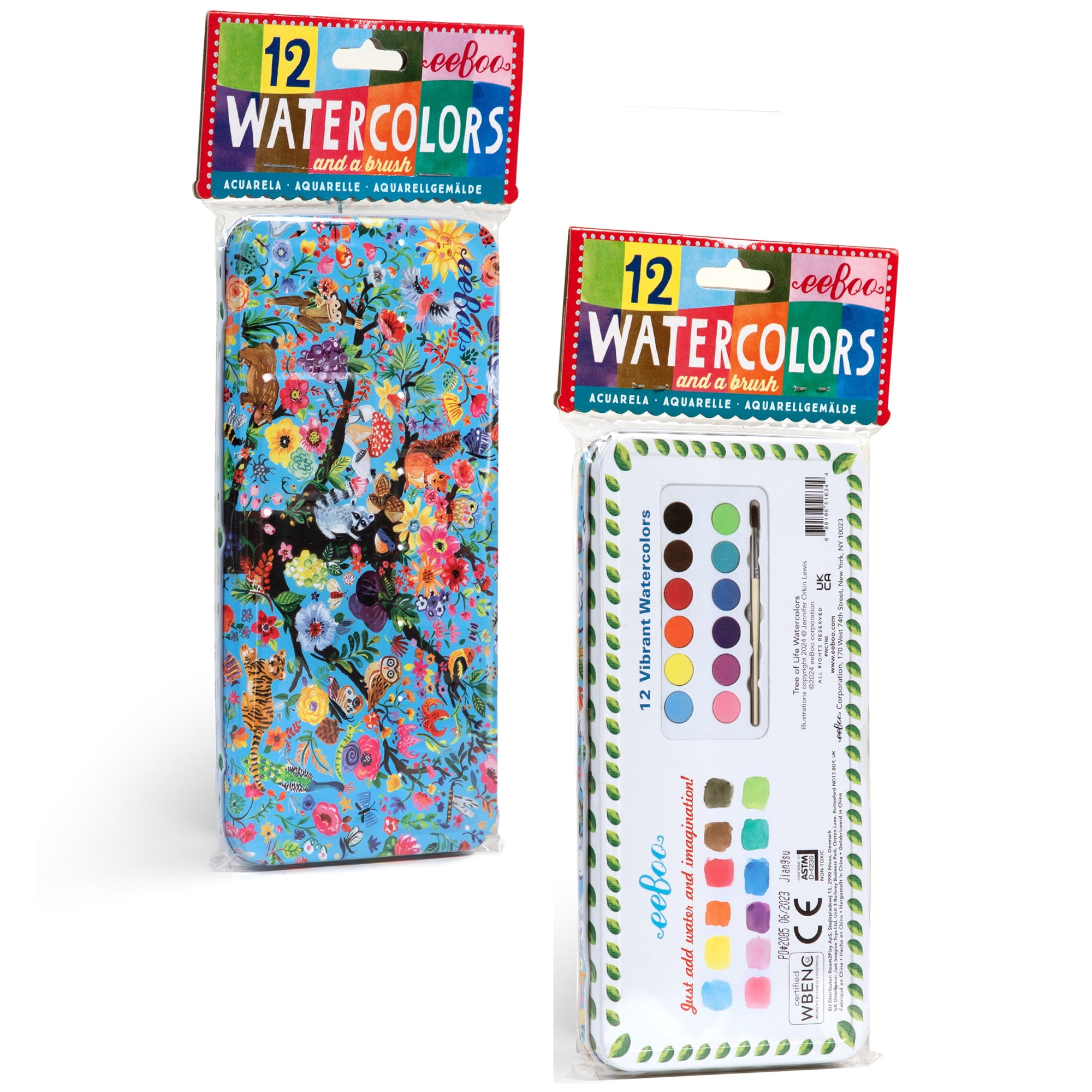 eeBoo: Tree of Life 12 Watercolors - Paint Set w/ High Quality Brush, Beautiful Design Tin Box, 12 Vibrant Colors, Kids Art Supplies, Ages 3+