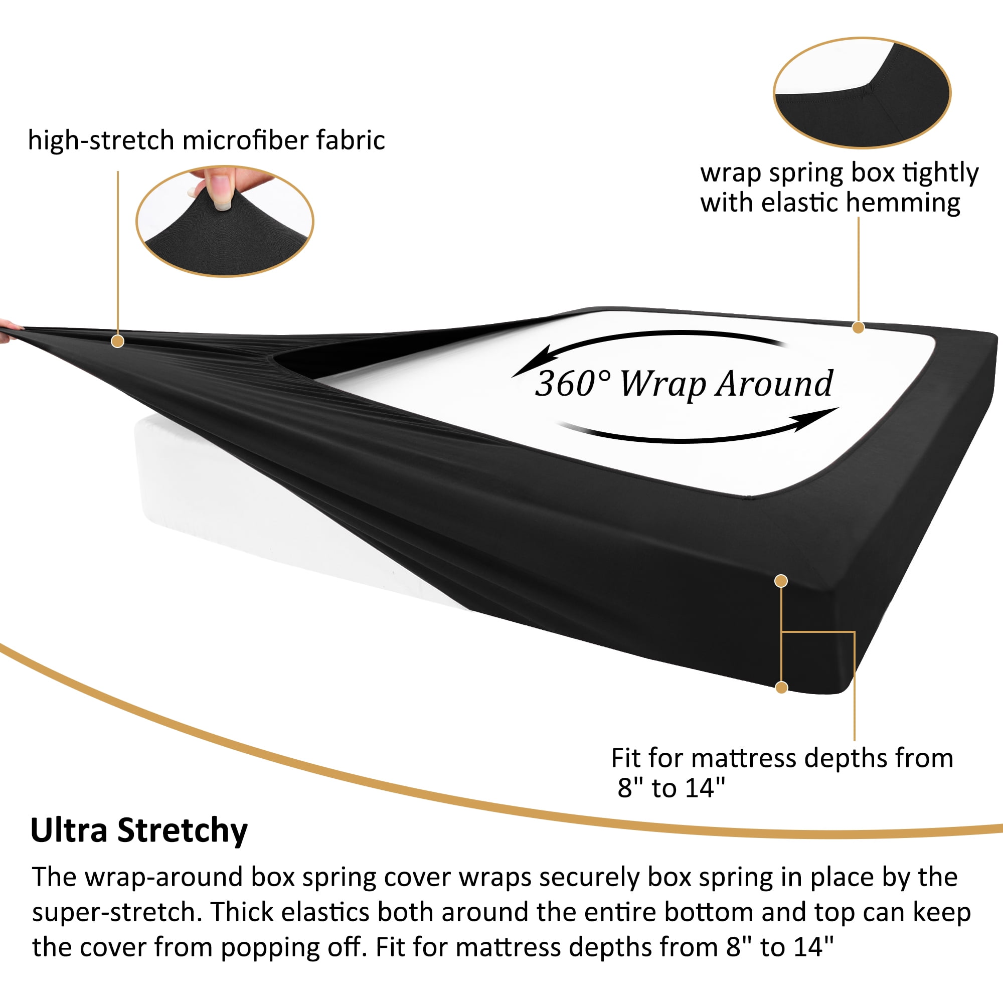 REGALWOVEN Box Spring Cover Stretchy Fabric Wrap Around 4 Sides Bed Skirt Wrinkle Free for Home Black Queen