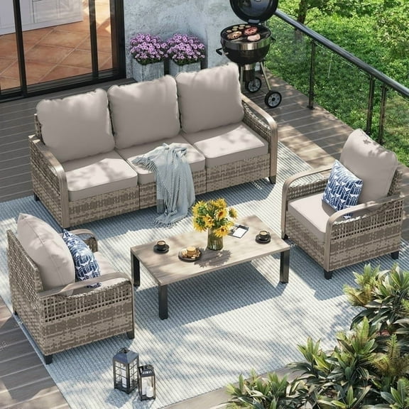 Poteban Outdoor Patio All Weather Wicker Furniture Sets,with Coffee Table, Sofa, Swivel Rocking Chair and Ottoman,for Pool, Backyard, Garden