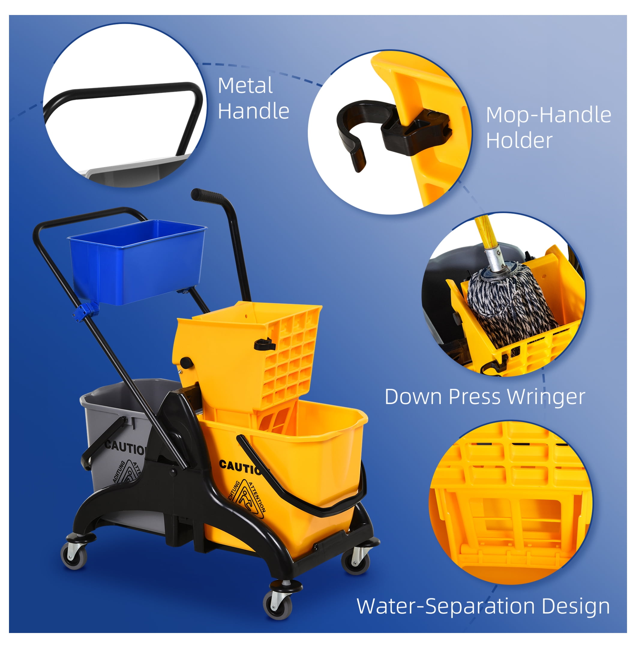 6.9 Gallon Mop Water Bucket Wringer Cart with Easy to Use Side Press Wringer, Smooth Wheels, Mop-Handle Holder