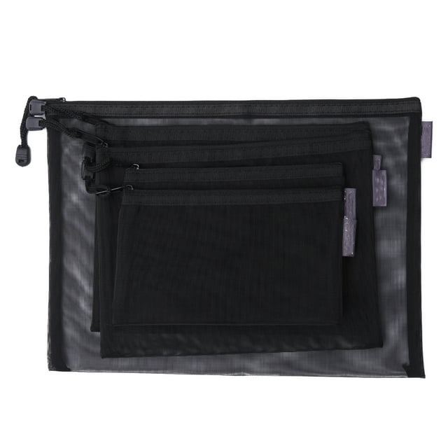 Bolsa de malla transparente negra para papelería de oficina, 5 unidades, con cremallera, portátil, para lápices, material escolar y de oficina.
