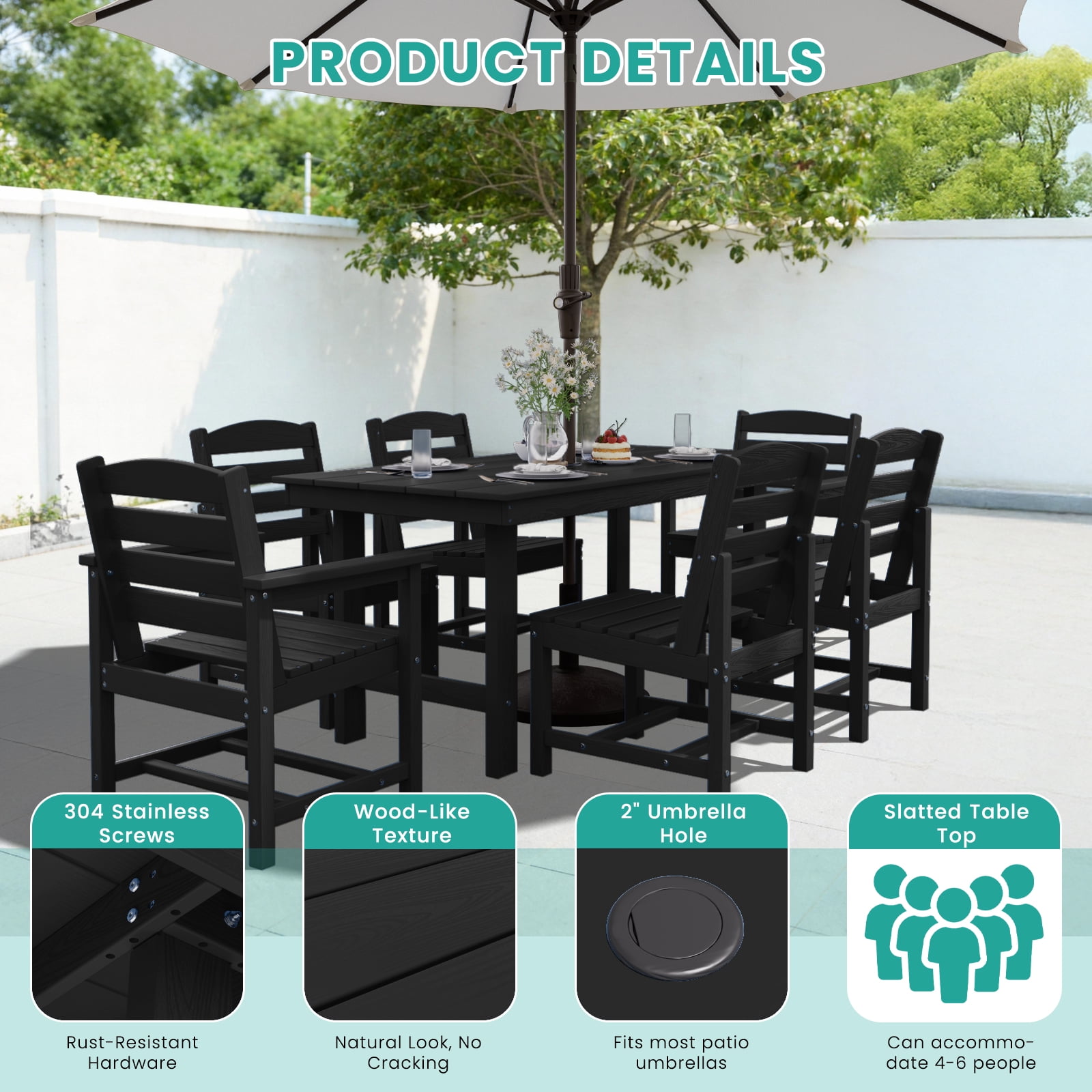 LOYALICE 7 PC Outdoor Patio Furniture Set, Patio Dining Sets, 6 Chairs and 1 Table, Black