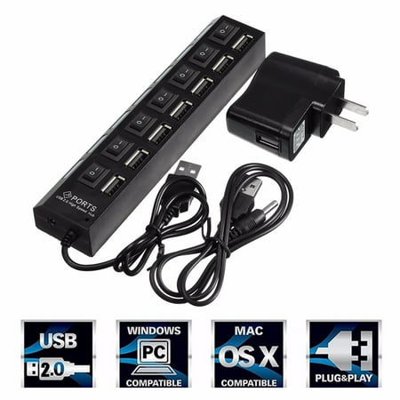 7 Port USB 2.0 Data Hub High Speed USB Hub with Power Supply Charging Ports for Laptop Notebook PC Mobile HDD USB Flash Drives with 1 Power