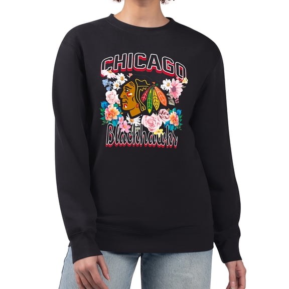 Women's G-III 4Her by Carl Banks Black Chicago Blackhawks Flower Logo Pullover Sweatshirt