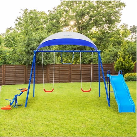FITNESS REALITY KIDS 6 Station Swing Set with Seesaw and Canopy Metal Swing Set