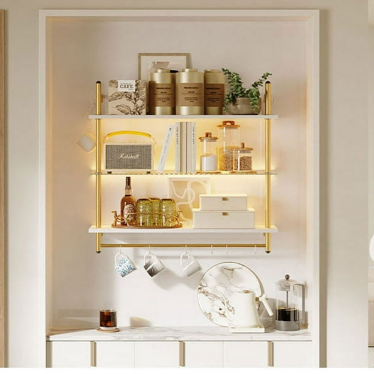 Bestier 41 Floating Shelves for Wall with LED Light 3 Tier Wall Mounted Wood Shelves with 8 S Hooks White Finish Gold Frame