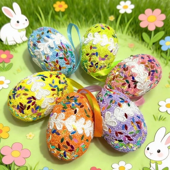 Twfbrm 6 Pcs Easter Egg Hanging Ornaments, Easter Decorations 2.36" Colorful Foam Easter Eggs Baubles with Rope, Shatterproof Spring Decorative Eggs Pendants for Tree, Wall, Doors & Mantels