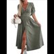 thumbnail image 3 of Vestido de Mezclilla con Cuello en V y Botones para Mujer, Cintura Media, Corta y Abertura Verde S, 3 of 9
