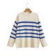thumbnail image 4 of Suéter de mujer de estilo europeo y americano de otoño con cuello redondo y manga larga a rayas con dobladillo dividido, 4 of 5