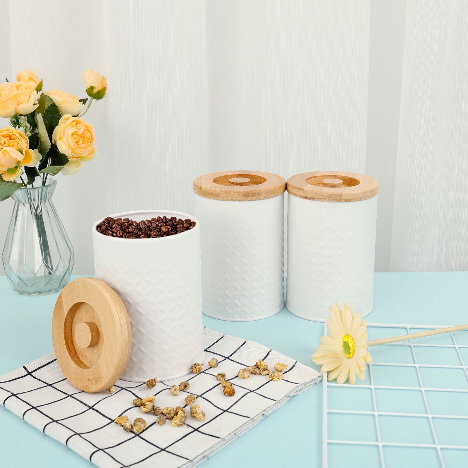 Grusce 3 Pack Ceramic Kitchen Canister Set for Sugar Coffee Tea, Airtight Food Storage Jars with Bamboo Lids, White Ceramic Storage Jar Kitchen Canister, Decorative Storage Pots for Countertop