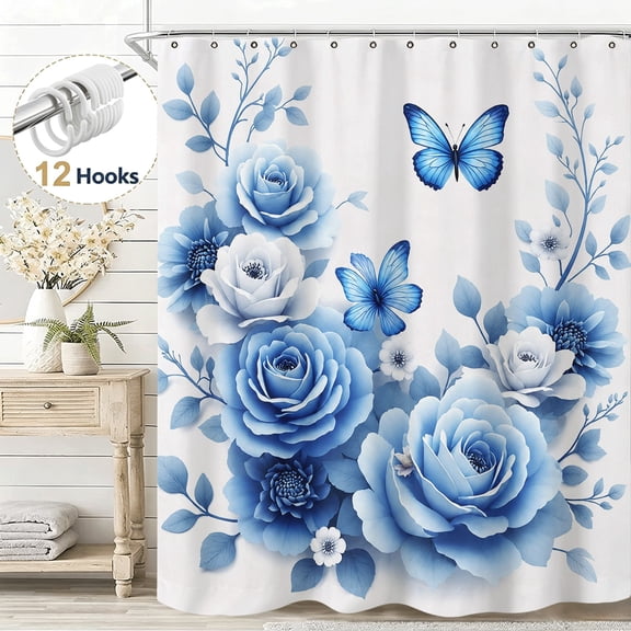 Watercolor Flower Fabric Blue Rose Butterfly Shower Curtain, Elegant Stunning Floral Shower Curtain Set for Bathroom, Waterproof Cloth Fabric with Hooks Bathroom Decor Shower Curtain, 36*72in