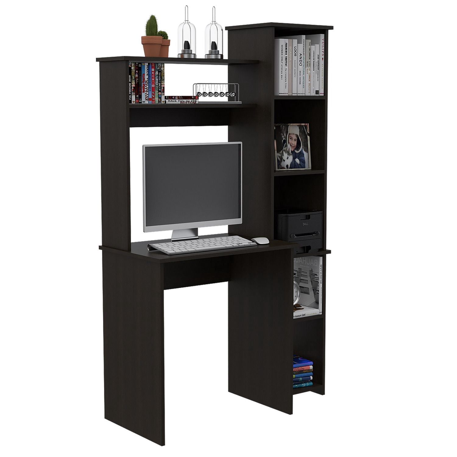 Asteroutdoor Black Desk with Hutch and Five Shelves, 39.7 in Wide, 63.9 in High, Space-Saving Computer Desk with Side Bookcase for Small Rooms
