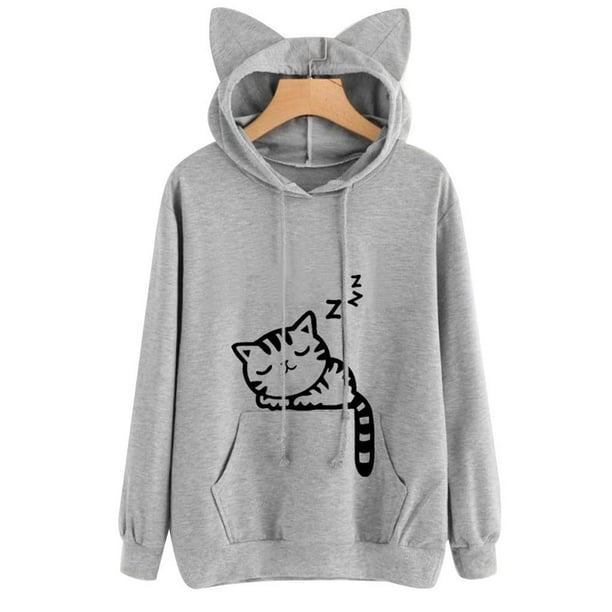Sonducket Camisa con capucha de mujer con estampado de gato de dibujos animados de corte holgado Sudadera con capucha de manga larga con cuello de Prendas para la parte del cuerpo gris claro S Sonducket FS9881-16
