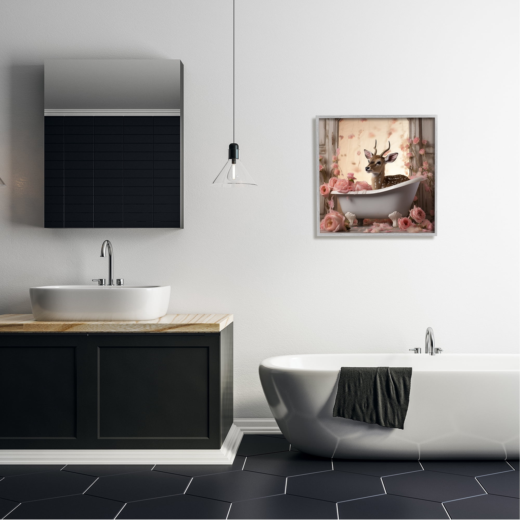 Stupell Industries Fawn in Rose Filled Tub Animals & Insects Painting Gray Framed Art Print Wall Art, 24 x 24