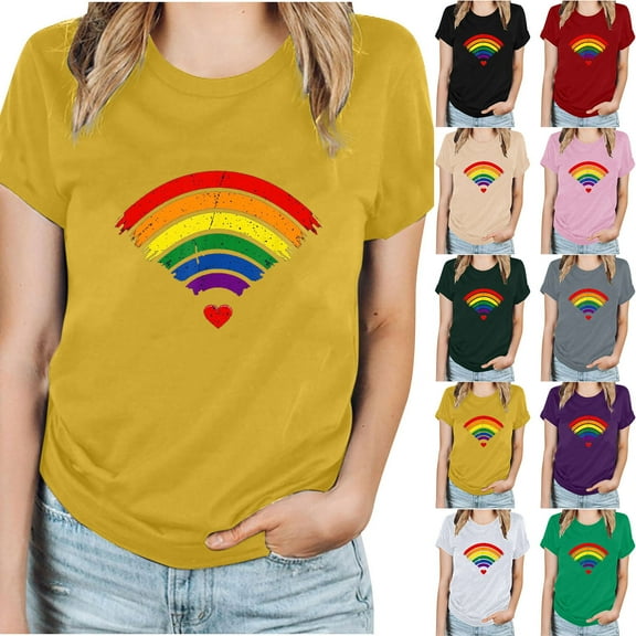 Inverlee Womens T Shirts Crewneck Dressy Casual Short Sleeve Tops Cute Rainbow Print Shirts Soft Holiday Tunic Blouse Tee
