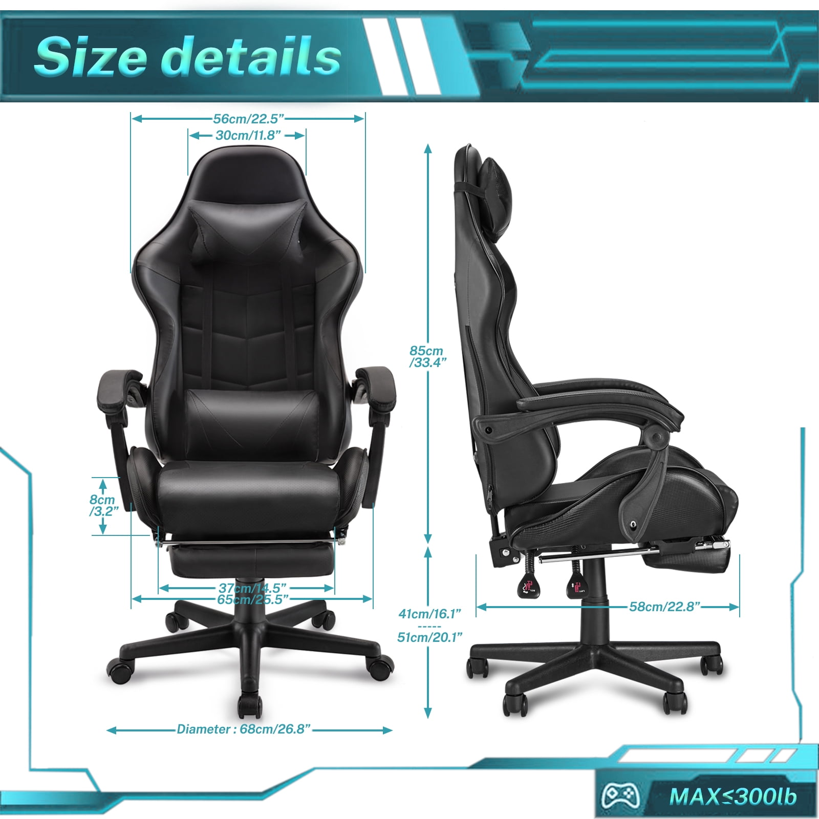 Luxvie Gaming Chair with Footrest High Back Office Chair with Headrest&Massage Lumbar Support Swivel Ergonomic Gaming Chair for Adults, Black