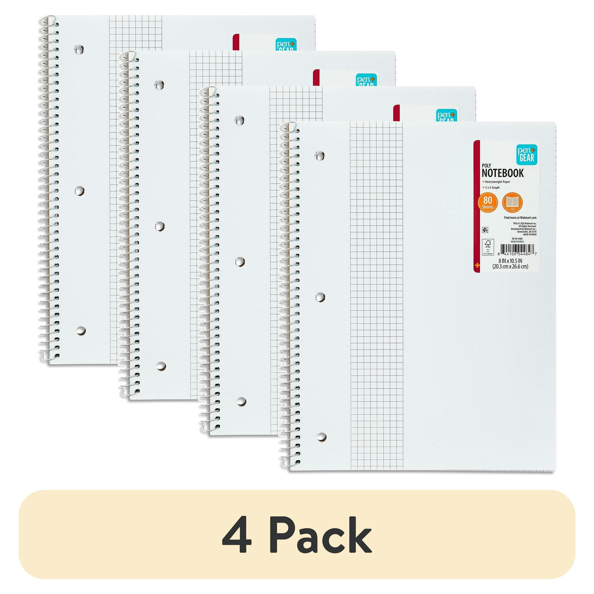 (4 pack) Pen+Gear 1-Subject Grid Ruled Notebook, Poly Cover, 80 Sheets, 8.5 in x 10.5 in