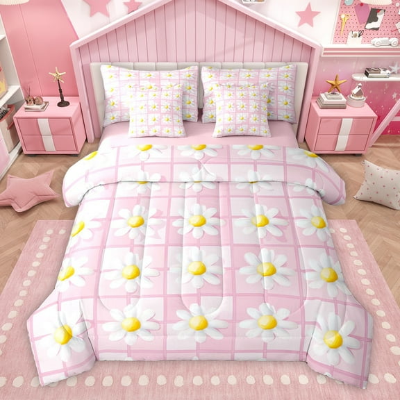 Homewish Cartoon Groovy Floral Twin Bedding Sets 7-Piece, Kawaii Daisy Flower Bedding Comforter Set, Girly Pink Buffalo Plaid Reversible Sheet Sets, Luxury Bedroom Decor