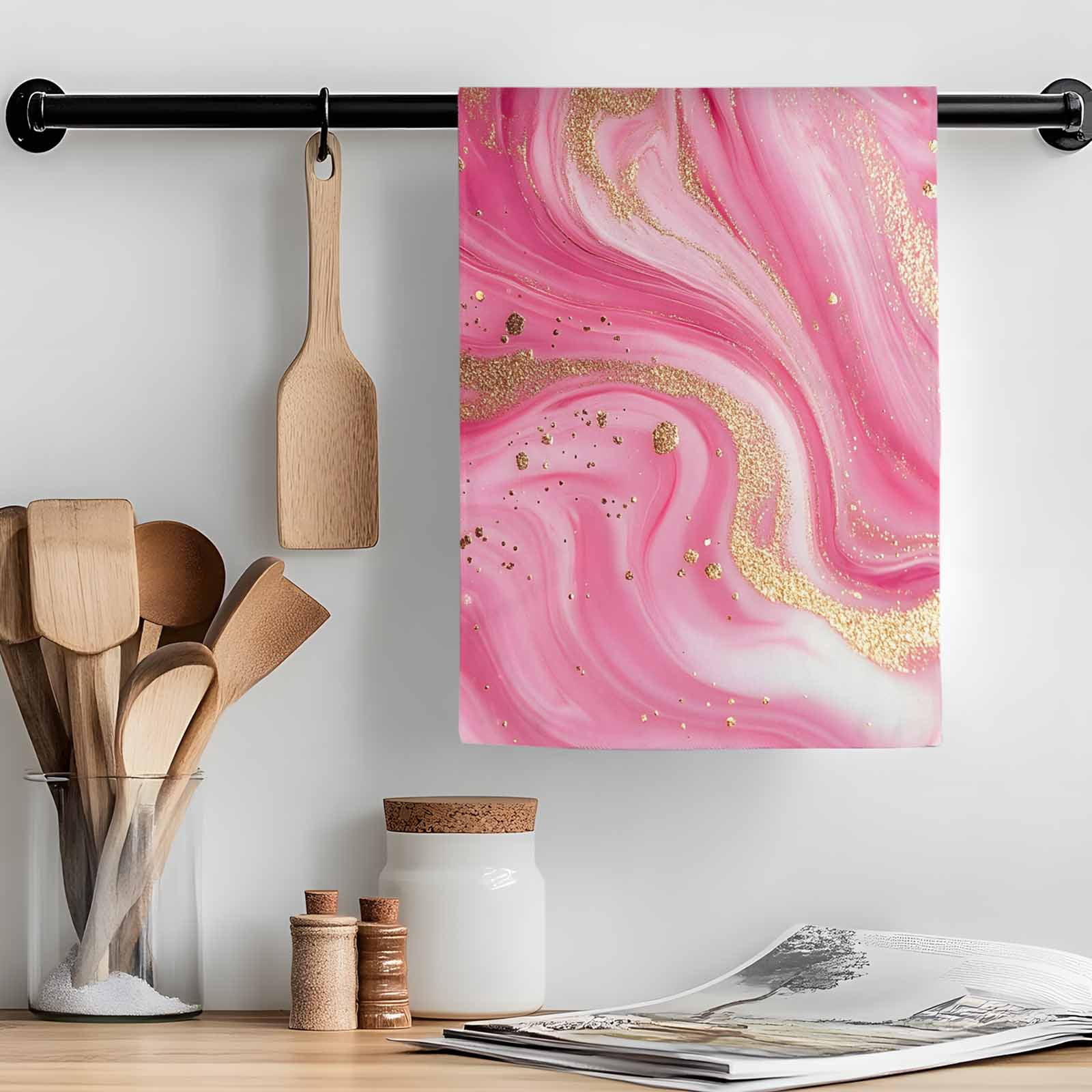 Marble Pink Kitchen Towel Dish Cloths Set of 2, Microfiber Soft Kitchen Hand Towels, Modern Abstract Artwork Luxury Golden Absorbent Quick Drying Dishcloths 18 x 28 Inches