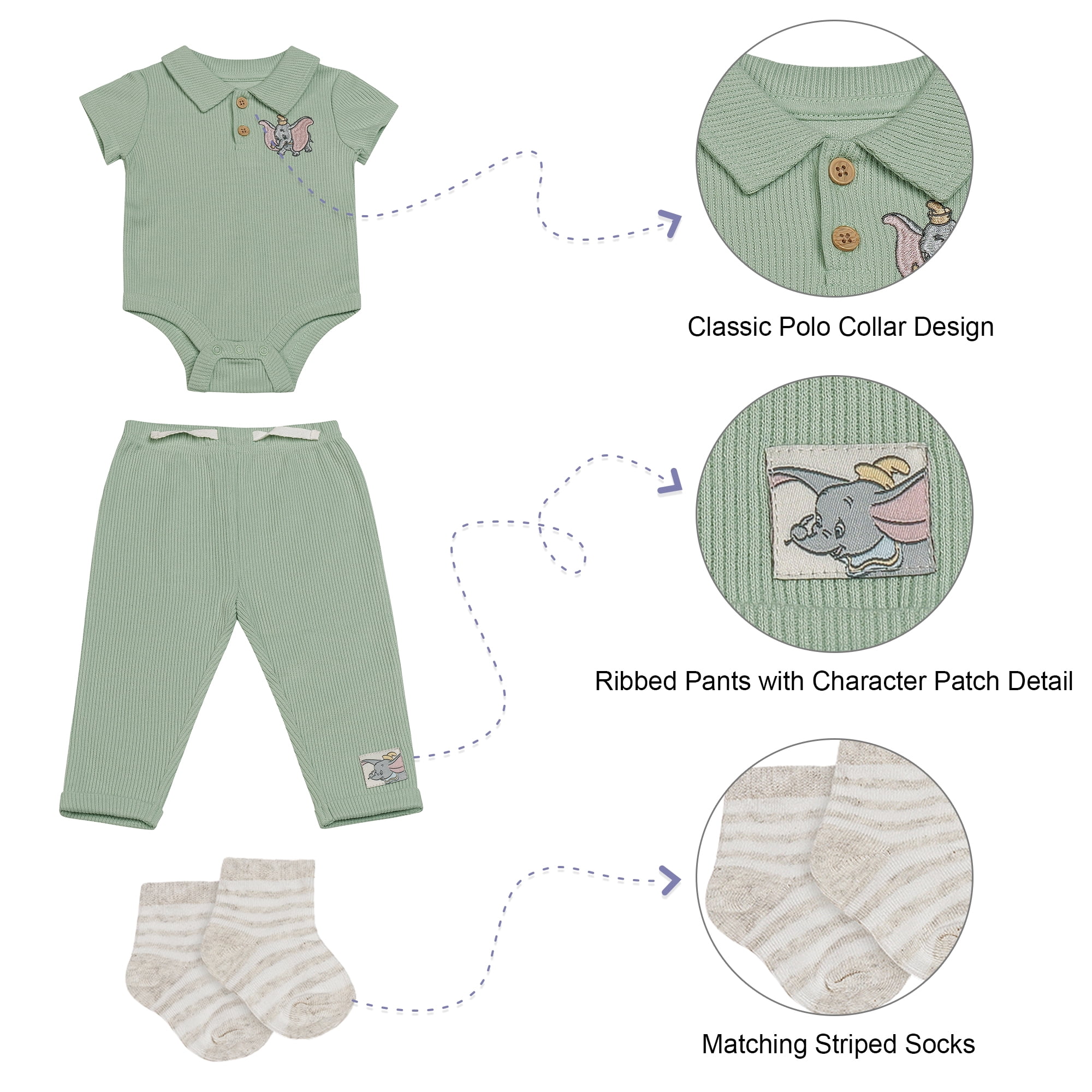 Disney Baby Boys 3-Piece Rib Pant Set – Short Sleeve Polo Bodysuit, Ribbed Jogger Pants & Socks Dumbo Green 3/6M