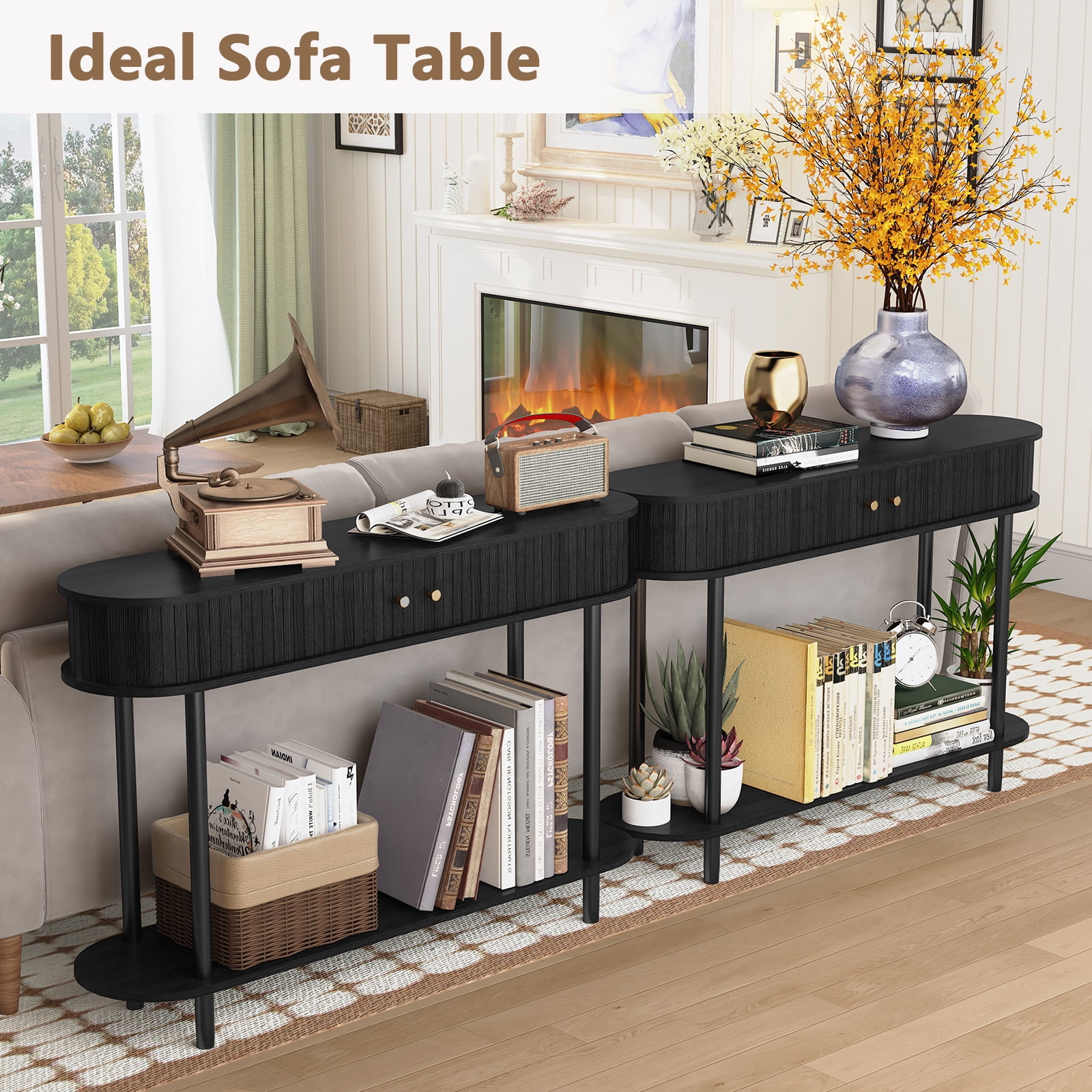 HLR 47.2" Farmhouse Console Table, Entryway Table with 2 Tambour Doors for Living Room, Black