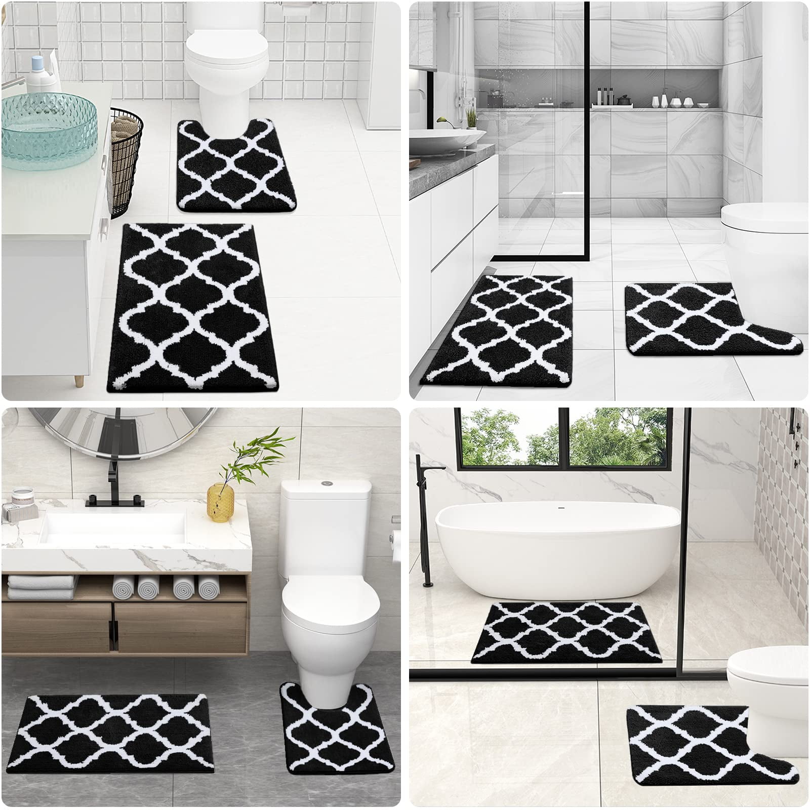 Buganda Microfiber Bathroom Rugs Set 2 Piece,U-Shaped Toilet Rug, Machine Wash Dry, Non-Slip Absorbent Shaggy Bath Mats for Tub, Shower and Bathroom (24"x16"+24"x20", Black)