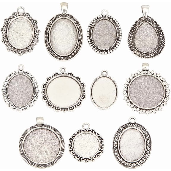 1 Box 44Pcs 11 Styles Silver Bezel Settings Cabochon Pendants Metal Alloy Vintage Tibetan Oval Round Basic Blanks Trays Cabochons Charm for Jewelry Making Charms Necklace DIY Crafts Supplies for DIY