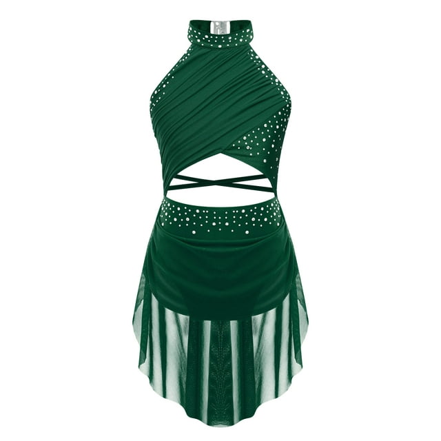 zdhoor Robe de Danse Jazz Ballet Lyrique pour Filles, Justaucorps de Patinage Artistique, Sans Manches, avec Strass, Vert 16