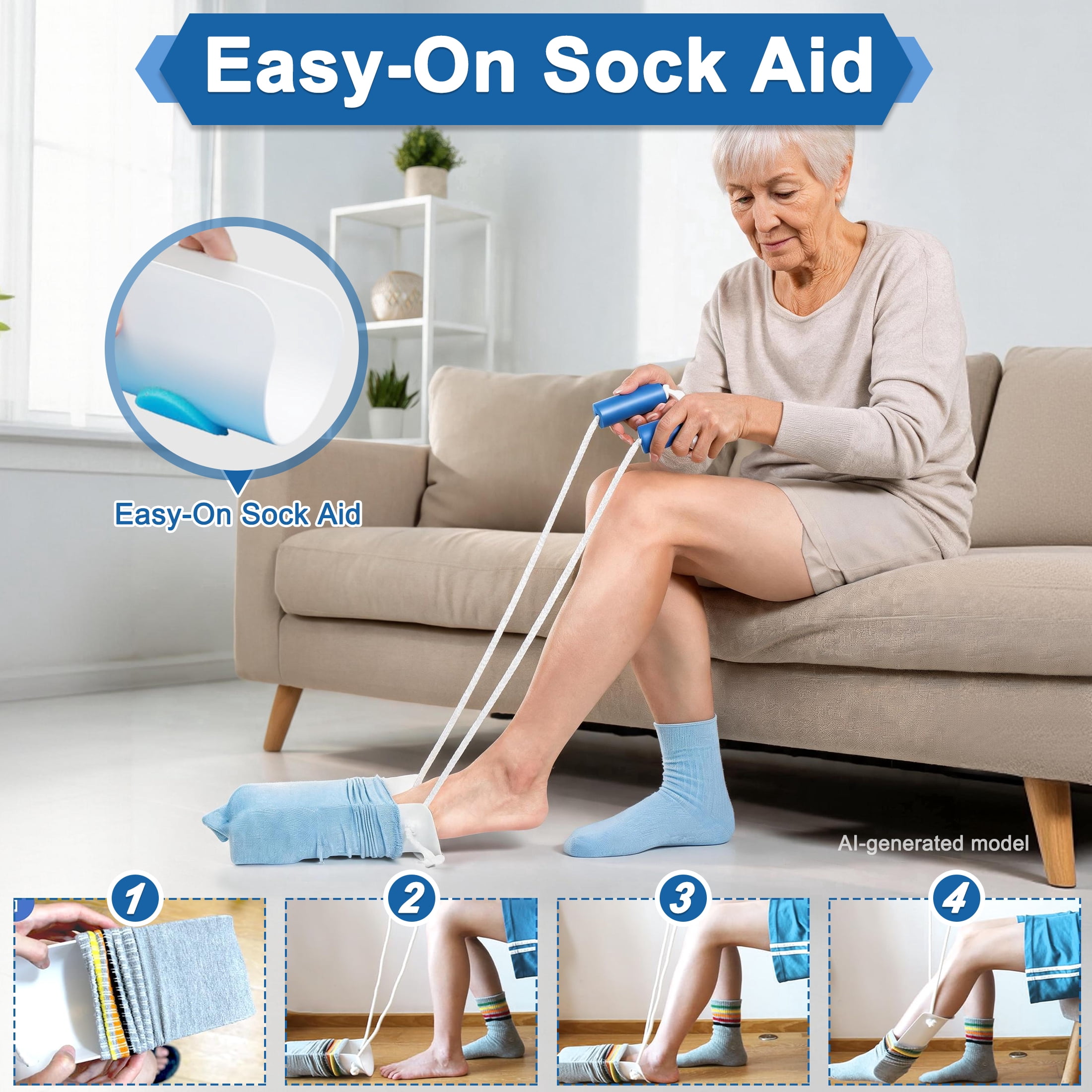 Sock Aid, Sock Aids for Putting On Socks, Sock Assistant Device No Bending with Foam Handles Easy On Easy Off, Sock Helpers to Put On Your Socks for Seniors, Elderly, Pregnant, After Surgery Recovery