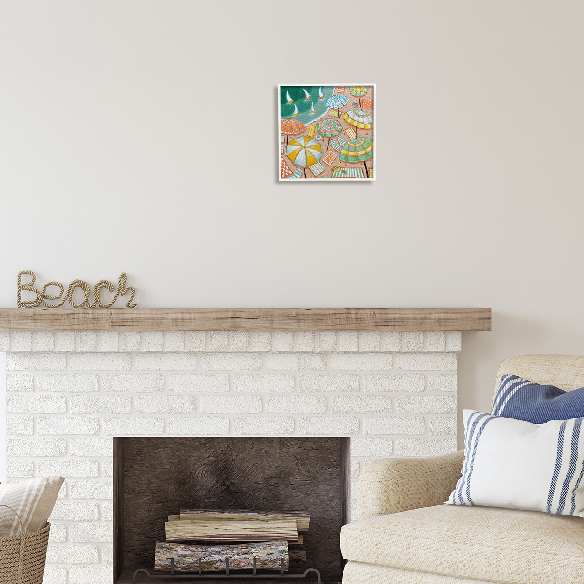 Stupell Industries Modern Summer Beach Landscape Painting White Framed Art Print Wall Art, 12 x 12
