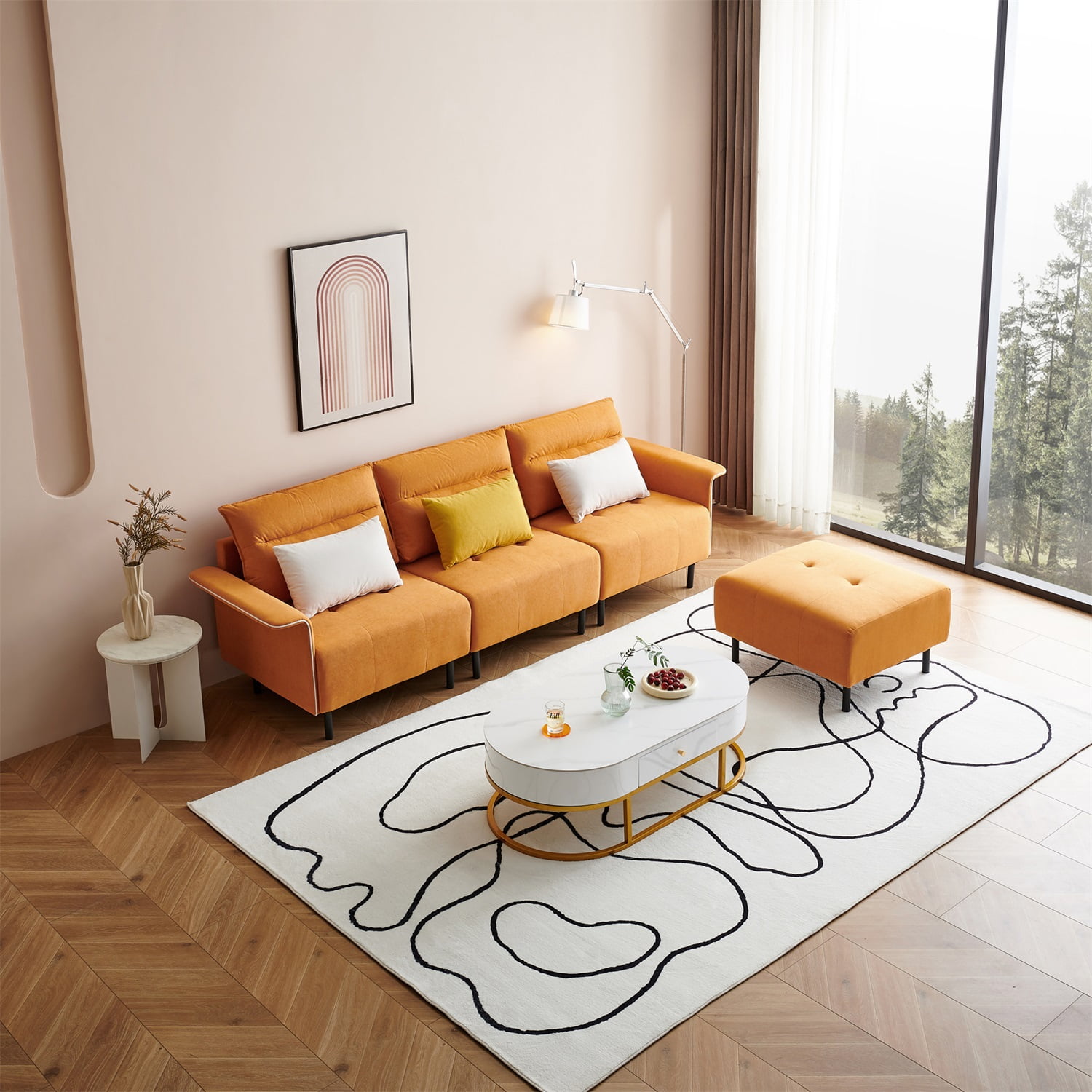 Kadyn L-Shaped Sectional Sofa, Suede Sectional Couch with Removeable Ottoman and 3 Pillows, Modern Suede Upholstered Sofa for Apartment, Orange Kadyn L-Shaped Sectional Sofa, Suede Sectional Couch with Removeable Ottoman and 3 Pillows, Modern Suede Upholstered Sofa for Apartment, Orange