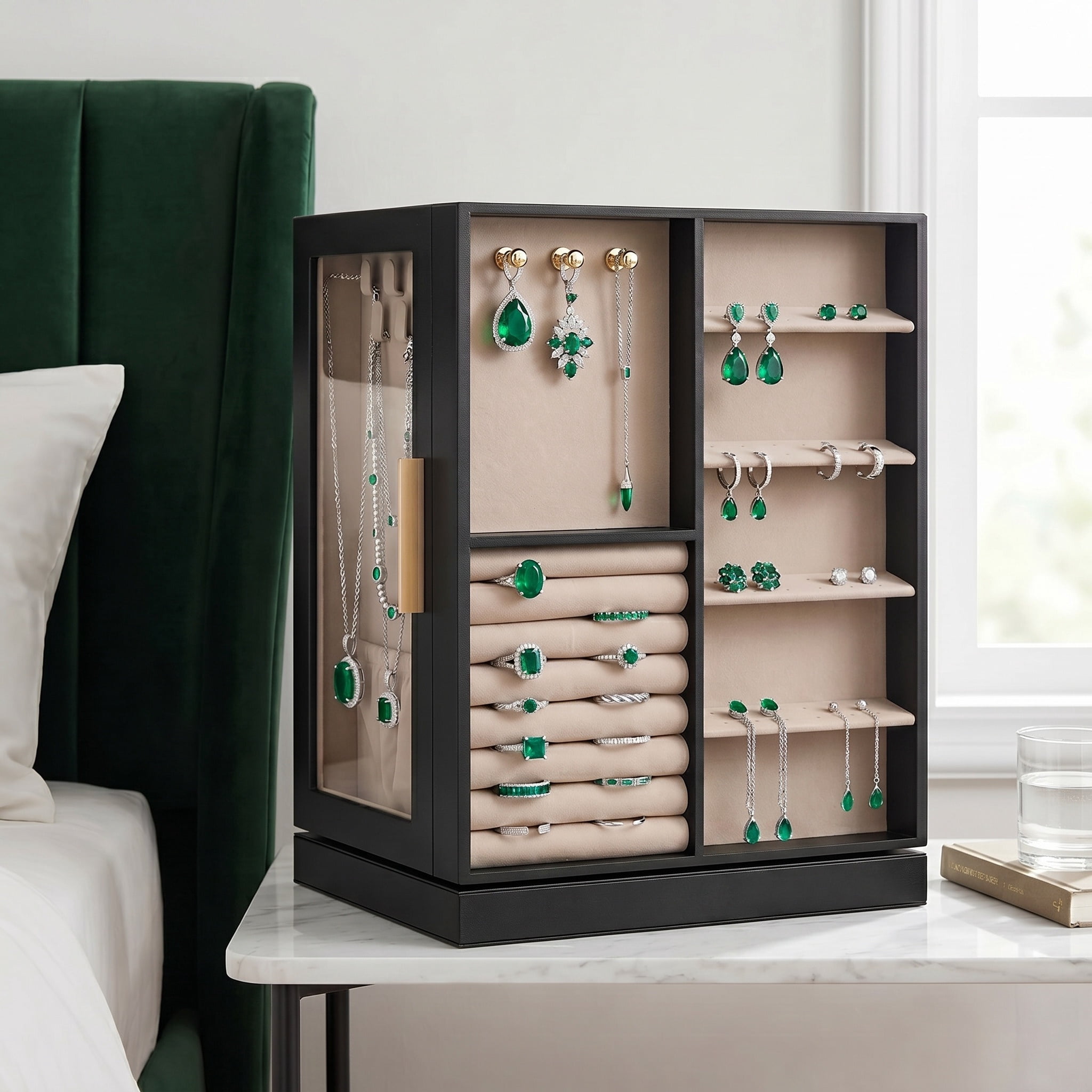 Nordic Hygge 360° Rotating 5-Drawer Jewelry Box with Glass Window, Graphite Black