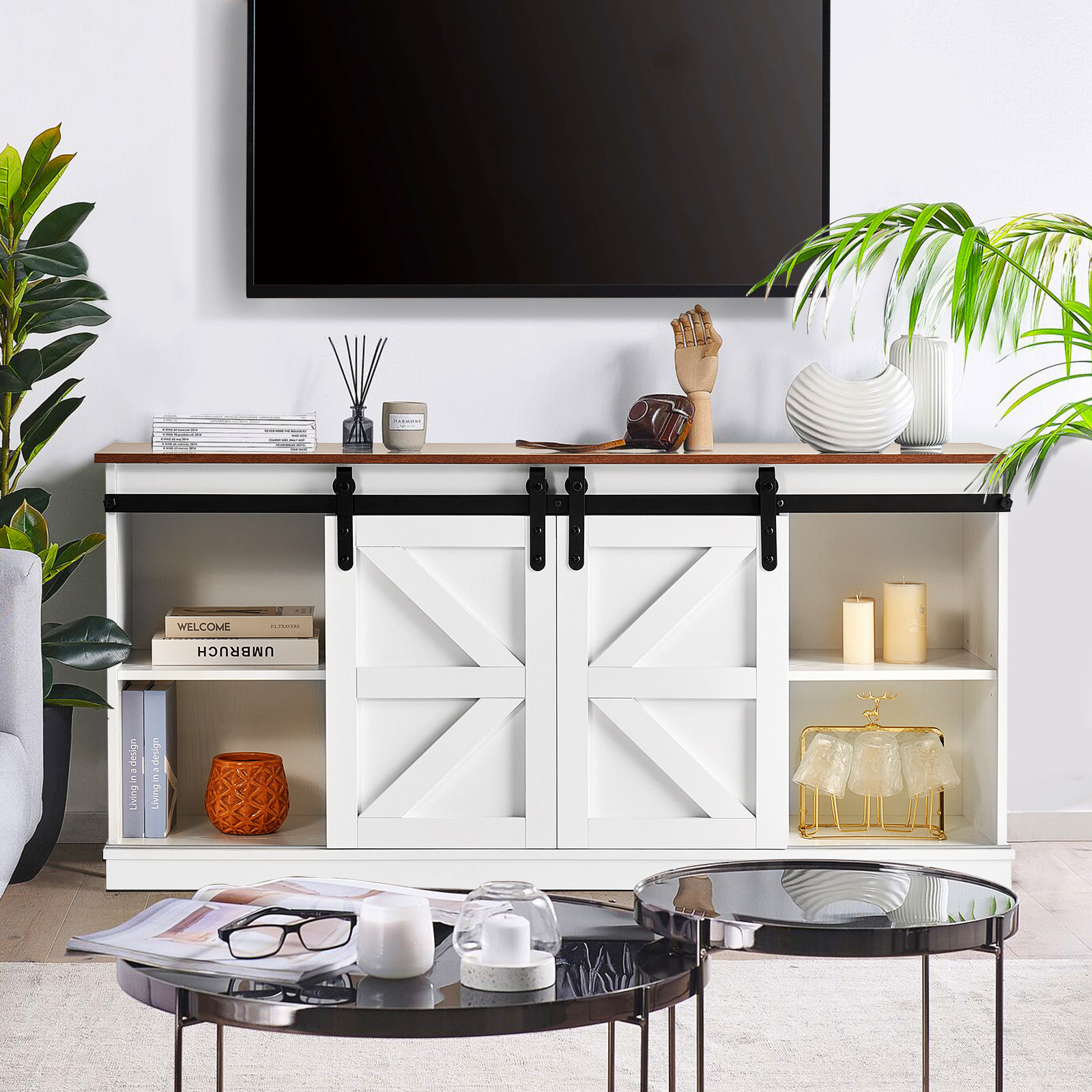 Sonegra Wooden Farmhouse TV Stand up to 65”, Double Barn Door