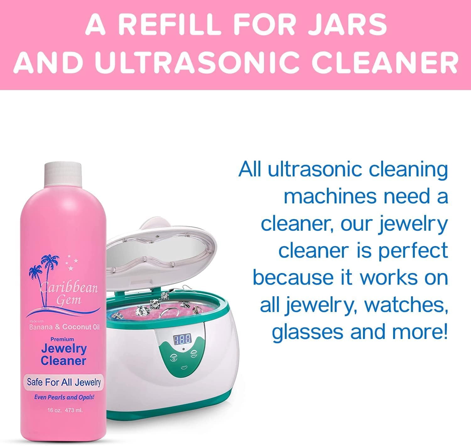 Caribbean Gem Natural Banana & Coconut Oil Jewelry Cleaner with Polishing Cloth, For Gold, Silver and Precious Gems, Ammonia Free, Hypoallergenic Jewelry Cleaning Solution (16oz)