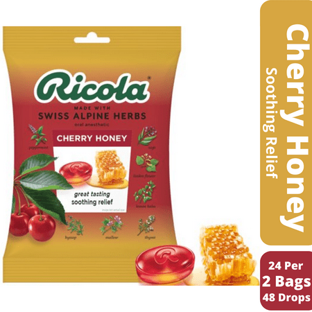 Ricola Swiss Alpine Herbs Cherry Honey Oral Anesthetic, Great Tasting Soothing Reliet 2 Bags, 24 Individually Wrapped Drops Each Bag, (48 Drops)