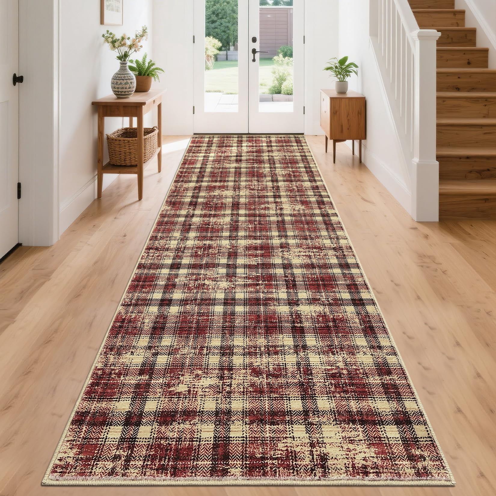 2'x10' Washable Soft Plaid Traditional Tartan Runner Rug - Non Shedding, Non Slip, Stain Resistant Carpet for Living Room, Bedroom, Nursery, Office, Machine Washable, Red