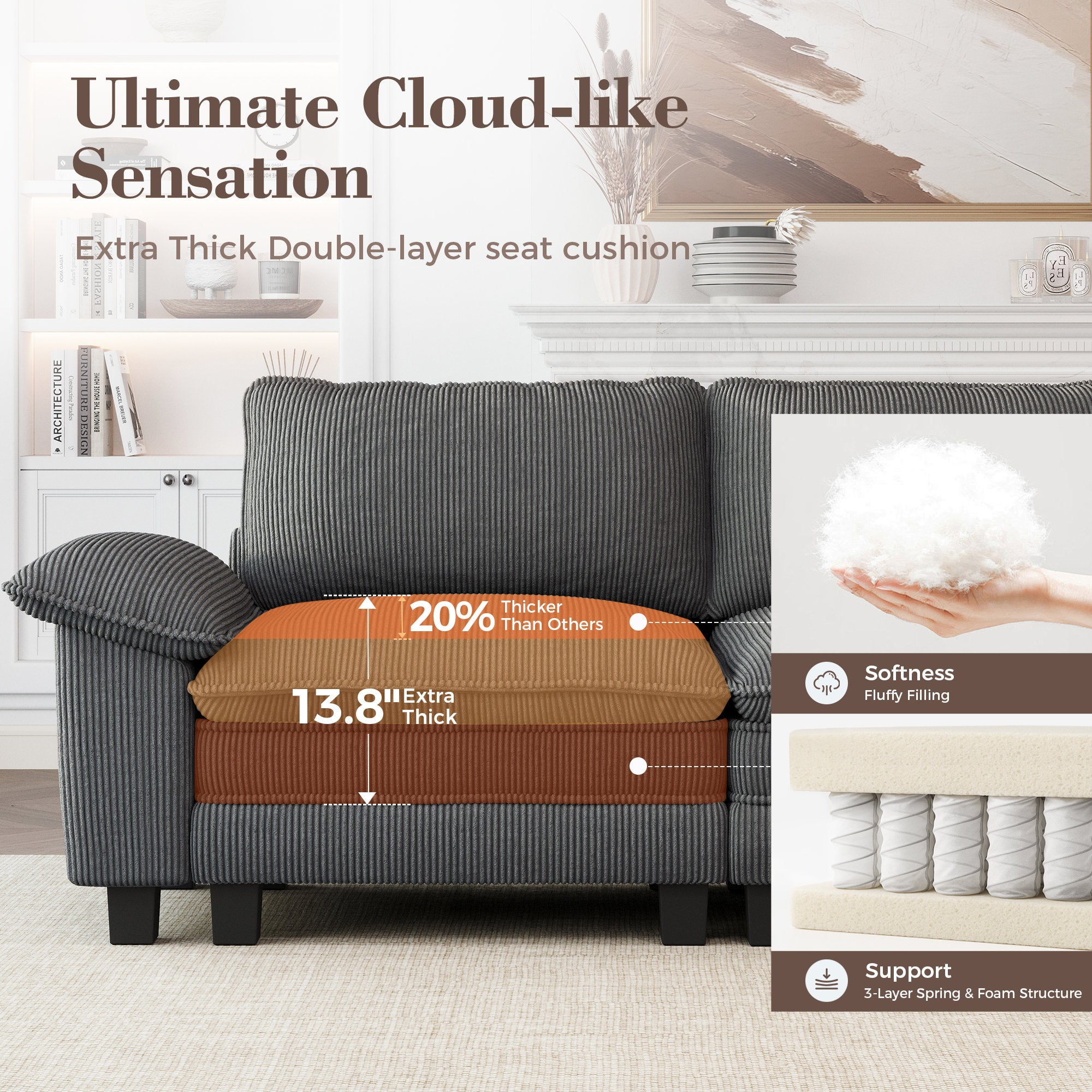 MF Studio Modular Cloud Couch Set, 5-Seater Loveseat and Sofa Set with Removable Armrests, Comfy Corduroy Fabric, Gray