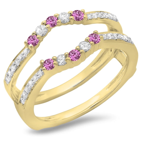Dazzlingrock Collection 10K Pink Sapphire & White Diamond Wedding Band Enhancer Guard Double Ring, Yellow Gold, Size 7