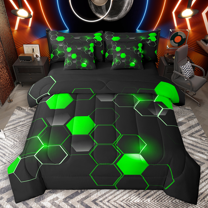 Manfei Geometric Hexagon Bedding Comforter Set 7pcs, Gradient Green Honeycomb King Bedding Sets, Black Geometric Bed Sheets Luxury Bedroom Decor
